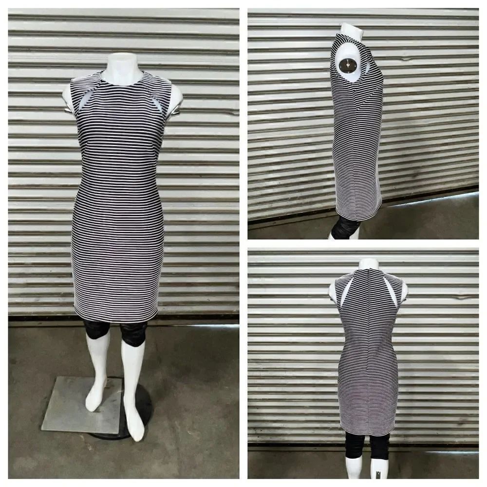 Topshop Black and white stripped dress career sheath evening slit shoulder